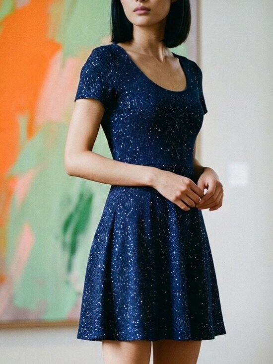 Nouveau Dresses & Skirts - Stunning Skater Dress by Nouveau Midnight Blue Sparkly Stretchy Vintage Party